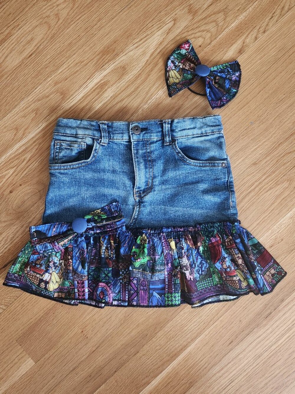 Upcycled OshKosh Jeans Denim Skirt & Hair Acc Beauty & the Beast Girls Sz 8 OOAK